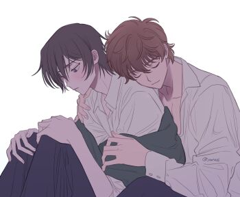 2boys black_hair black_pants brown_hair closed_eyes closed_mouth code_geass collared_shirt hair_between_eyes half-closed_eyes highres hug hug_from_behind hugging_own_legs kururugi_suzaku leaning_on_person lelouch_vi_britannia light_smile male_focus multiple_boys pants shirt short_hair sitting twintails white_background white_shirt yaoi yorusl