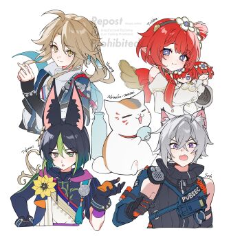 1girl 3boys absurdres animal animal_ear_fluff animal_ears black_gloves black_hair blue_hair brown_hair cat cat_ears cat_girl character_doll character_name commentary_request crossed_bangs crossover cup doll fang flower flower-shaped_pupils fox_boy fox_ears genshin_impact gloves green_hair grey_hair hair_between_eyes highres holding holding_cup honkai:_star_rail honkai_(series) long_sleeves mihoyo mochimiya_(coyo) multicolored_hair multiple_boys natsume_yuujinchou nyanko-sensei open_mouth pointy_ears purple_eyes seth_lowell simple_background symbol-shaped_pupils tassel tighnari_(genshin_impact) trianne_(honkai:_star_rail) tribbie_(honkai:_star_rail) trinnon_(honkai:_star_rail) upper_body white_background yanqing_(honkai:_star_rail) yellow_flower zenless_zone_zero