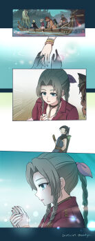 3girls 4boys aerith_gainsborough armor asami_yutori bangle barret_wallace black_hair blonde_hair blue_sweater bracelet braid braided_ponytail brown_gloves brown_hair buster_sword canoe cloud_strife commentary_request cross_scar dated dress drill_hair drill_sidelocks faceless faceless_male facial_scar final_fantasy final_fantasy_vii final_fantasy_vii_rebirth final_fantasy_vii_remake gloves green_eyes hair_ribbon highres holding_hands jacket jewelry light_particles long_hair multiple_boys multiple_girls open_mouth orange_fur parted_bangs pink_dress pink_ribbon red_jacket red_xiii ribbed_sweater ribbon scar scar_on_cheek scar_on_face sequential short_hair shoulder_armor sidelocks sitting sleeveless sleeveless_turtleneck sweater sword sword_on_back tifa_lockhart turtleneck turtleneck_sweater twitter_username water weapon weapon_on_back yuffie_kisaragi zack_fair