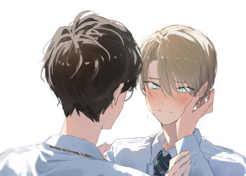 2boys black_hair blonde_hair blue_eyes blush closed_mouth collar crying draco_malfoy eyebrows_hidden_by_hair glasses hand_on_another's_cheek hand_on_another's_face harry_potter harry_potter_(series) inochiqu male_focus multiple_boys necktie shirt simple_background striped_necktie teardrop tears upper_body white_background white_shirt wing_collar wizarding_world