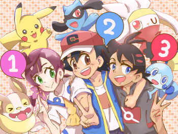 1girl 2boys ash_ketchum baseball_cap black_hair blue_eyes blue_vest braid brown_eyes chloe_(pokemon) clenched_hand collared_shirt dark_skin gen_1_pokemon gen_4_pokemon gen_8_pokemon goh_(pokemon) green_eyes grey_shirt hand_around_neck hand_on_another's_shoulder hat highres index_finger_raised long_hair looking_at_viewer maroon_hair middle_w multiple_boys nintendo open_mouth pikachu pokemon pokemon_(anime) pokemon_(creature) pokemon_journeys raboot red_headwear riolu sailor_uniform shirt short_hair side_braid smile sobble teeth upper_body v vest w white_shirt yamper