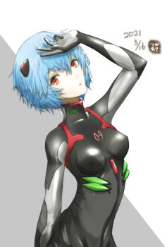 1girl absurdres ayanami_rei black_bodysuit blue_hair bodysuit breasts dated evangelion:_3.0+1.0_thrice_upon_a_time grey_background grey_bodysuit hair_between_eyes hair_ornament hand_up highres impossible_bodysuit impossible_clothes looking_at_viewer mecha_pilot_suit medium_breasts multicolored_bodysuit neon_genesis_evangelion number_print parted_lips plugsuit_(evangelion) rebuild_of_evangelion red_eyes short_hair simple_background solo tsukaasa two-tone_background white_background