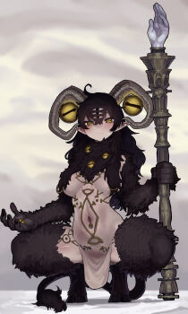 1girl absurdres body_piercings breasts disembodied_eye ekrea_jan elden_ring elden_ring_nightreign extra_eyes genderswap genderswap_(mtf) goat_horns goat_legs highres holding holding_staff hooves horizontal_pupils horns in-universe_location libra_(elden_ring) mage_staff medium_breasts navel personification pointy_ears solo squatting staff tail underboob very_big_eyes yellow_eyes
