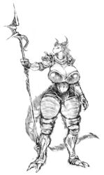 Rule 34 | 1girl, 2b-ge, breasts, cleavage, curvy, dragon girl, female focus, furry, furry female, holding, holding staff, huge breasts, looking at viewer, monochrome, navel, solo, staff, tail, thick thighs, thighs, white background, wide hips