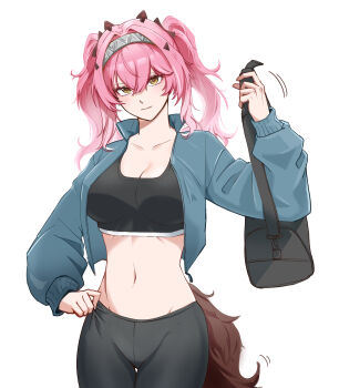 1girl absurdres akena_(ssrr3783) alternate_costume black_pants black_sports_bra breasts cleavage closed_mouth collarbone commentary_request cowboy_shot hair_between_eyes hairband highres korean_commentary large_breasts looking_at_viewer lupa_(wuthering_waves) metal_hairband navel pants pink_hair revision solo sports_bra stomach tail twintails wolf_tail wuthering_waves yellow_eyes yoga_pants