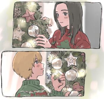 Rule 34 | 2girls, baby walkure, black hair, blonde hair, christmas tree, commentary request, fukagawa mahiro, green sweater, long hair, multiple girls, neppatsu (swdha3006), red sweater, short hair, sugimoto chisato, sweater