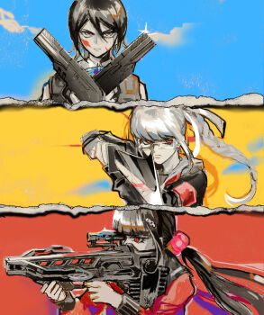 3girls absurdres blood blood_on_face braid closed_mouth commentary danganronpa:_trigger_happy_havoc danganronpa_(series) danganronpa_2:_goodbye_despair danganronpa_v3:_killing_harmony dual_wielding eyelashes freckles glasses glint gun hair_between_eyes hair_ornament harukawa_maki highres holding holding_gun holding_sword holding_weapon ikusaba_mukuro limited_palette long_hair long_sleeves multiple_girls pekoyama_peko pointing_melee_weapon pointing_sword rectangular_eyewear red_eyes red_pupils short_hair snoozaga sword symbol-only_commentary trait_connection v-shaped_eyebrows weapon