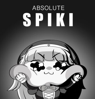 1girl :3 absolute_cinema_(meme) absurdres bow bowtie chibi chibi_only closed_mouth coif commentary_request dress english_text greyscale hands_on_own_cheeks hands_on_own_face highres long_hair looking_at_viewer meme monochrome smile solo speaki_(trickcal) speakiposting_(meme) tearing_up torikara_chick trickcal v-shaped_eyebrows