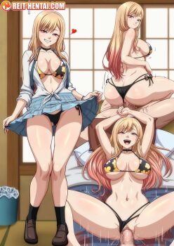 1girl ass bare_legs bikini bikini_under_clothes blonde_hair breasts butt_crack clothes_lift floral_print floral_print_bikini gradient_hair gyaru heart hetero highres kitagawa_marin large_breasts long_hair lying multicolored_hair on_back pendant_choker print_bikini pussy reit reverse_cowgirl_position school_uniform seductive_smile sequential sex skirt skirt_lift smile solo_focus sono_bisque_doll_wa_koi_wo_suru straddling swimsuit thighs uncensored