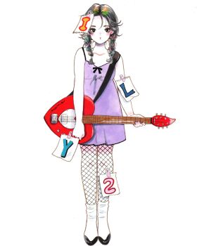 1girl black_eyes black_hair blue_nails blush braid colored_skin commentary dress electric_guitar emamemamo33 fingernails fishnets full_body guitar guitar_strap heart-shaped_guitar highres holding instrument iridescent_hair long_hair looking_at_viewer nail_polish original paper parted_hair purple_dress red_lips shoes simple_background solo standing tape traditional_media twin_braids white_background white_shoes white_skin