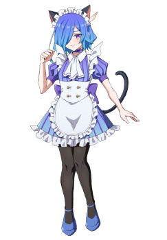 1girl absurdres ahoge animal_ears apron ascot black_pantyhose blue_hair cat_ears cat_girl cat_tail choker closed_mouth collared_dress commentary_request contrast_collar dress feather_hair_ornament feathers frilled_apron frilled_choker frilled_dress frills full_body hair_ornament hair_over_one_eye hand_up highres hiiro_(kiiro_ex) kimi_no_koto_ga_dai_dai_dai_dai_daisuki_na_100-nin_no_kanojo knees_together_feet_apart light_blush maid_apron maid_headdress nakaji_uto one_eye_covered pantyhose puffy_short_sleeves puffy_sleeves purple_choker purple_dress purple_eyes purple_shoes shoes short_dress short_hair short_sleeves simple_background smile solo standing strappy_heels striped_clothes striped_dress tail underbust vertical-striped_clothes vertical-striped_dress waitress white_ascot white_background
