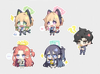 ... 1boy 4girls :d ? ?? ^^^ absurdres afterimage antenna_hair aqua_halo aris_(blue_archive) bag bag_of_chips barefoot black_hair black_hairband black_jacket black_necktie black_shoes black_shorts black_skirt black_socks black_tail blonde_hair blue_archive blue_archive_the_animation blue_eyes blue_jacket blue_necktie blush_stickers bow box braid bright_pupils brown_eyes cat_tail cellphone chibi chibi_only chinese_commentary collared_shirt commentary_request cookie crying cup disposable_cup drink drinking drooling dropped_food fake_tail food food_in_mouth forehead frilled_skirt frills game_development_department_(blue_archive) green_bow green_eyes green_halo green_jacket grey_background grey_hair grey_jacket grey_pants hair_bow hairband halo heart highres holding holding_bag holding_box holding_cup holding_drink holding_food holding_ice_cream holding_phone holding_pocky ice_cream jacket long_hair long_sleeves low-tied_sidelocks midori_(blue_archive) milk_tea momoi_(blue_archive) mouth_drool mouth_hold multicolored_jacket multiple_girls necktie notice_lines og-pogg one_side_up open_clothes open_jacket open_mouth outline pants phone pink_halo pink_shoes pleated_skirt pocket pocky power_symbol purple_eyes rectangular_halo red_bow red_hair school_uniform sensei_(blue_archive) sensei_(blue_archive_the_animation) shirt shoes short_hair shorts siblings sidelocks simple_background single_braid sisters skirt smartphone smile socks sparkle spoken_ellipsis spoken_heart standing streaming_tears suspender_skirt suspenders tail tail_bow tail_ornament tail_wagging tears twins v-shaped_eyebrows very_long_hair wavy_mouth white_bow white_jacket white_outline white_pupils white_shirt white_shoes yellow_halo yuzu_(blue_archive)