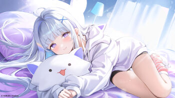1girl ahoge animal_ears animal_hood ayatsuno_yuni bed_sheet black_shorts closed_mouth commentary_request curtains drawstring fake_animal_ears grey_hair hair_intakes hair_ornament haruri highres hood hood_down hoodie indoors korean_commentary long_hair looking_at_viewer lying official_art on_side pillow purple_eyes short_shorts shorts smile socks solo stellive striped_clothes striped_socks very_long_hair virtual_youtuber white_hoodie x_hair_ornament