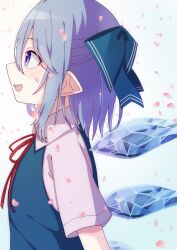 Rule 34 | 1girl, blue bow, blue dress, blue eyes, blue hair, bow, cirno, collared shirt, commentary request, dress, from side, gradient background, hair bow, highres, ice, ice wings, long hair, looking ahead, neck ribbon, open mouth, petals, pinafore dress, pointy ears, red ribbon, ribbon, shirt, sleeveless, sleeveless dress, smile, solo, teeth, touhou, upper body, upper teeth only, white shirt, wings, yuzupon (yuzuponpon)