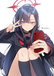 Rule 34 | 1girl, absurdres, ahoge, armband, black choker, black hair, black serafuku, black socks, black wings, blue archive, blush, cellphone, choker, collarbone, commentary request, feathered wings, feet out of frame, fingernails, halo, highres, holding, holding phone, ichika (blue archive), kamiyama sumu, kneehighs, long hair, looking at viewer, neckerchief, phone, red armband, red neckerchief, school uniform, serafuku, simple background, sitting, smile, socks, solo, straight hair, twitter username, unusually open eyes, v, v over eye, very long hair, white background, wings
