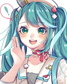 ! absurdres aqua_eyes aqua_hair beret blush collarbone cropped_jacket diamond_hair_ornament hair_ornament hat hatsune_miku highres jacket long_sleeves looking_at_viewer magical_mirai_(vocaloid) magical_mirai_miku magical_mirai_miku_(2024) mai_mugi musical_note official_alternate_costume official_alternate_hairstyle open_mouth signature simple_background smile speech_bubble vocaloid white_background white_hat white_jacket