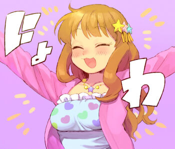 1girl :3 ^_^ arms_up bad_id blush breasts brown_hair closed_eyes hair_ornament heart heart_print hotomura_(muramura69) idolmaster idolmaster_cinderella_girls jacket jewelry long_hair long_sleeves medium_breasts moroboshi_kirari necklace open_mouth pink_jacket purple_background simple_background solo star_(symbol) star_hair_ornament star_necklace upper_body