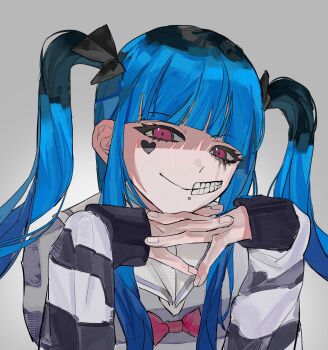 1girl amemiya_darumi black_bow black_hair blue_hair bow commentary face_piercing facial_mark grey_background hair_bow head_rest heart heart_facial_mark highres interlocked_fingers lbhzp long_hair long_sleeves looking_at_viewer makeup multicolored_hair own_hands_together piercing pink_eyes red_bow sailor_collar shirt simple_background smile solo striped_clothes striped_shirt the_hundred_line_-last_defense_academy- twintails upper_body white_sailor_collar