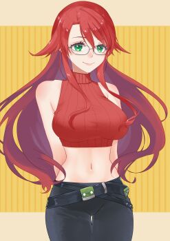 1girl absurdres arms_behind_back aty_(summon_night) bare_shoulders black_pants breasts closed_mouth commentary_request commission cropped_sweater glasses green_eyes highres large_breasts lips long_hair looking_at_viewer midriff navel pants red_hair red_sweater skeb_commission sleeveless sleeveless_sweater smile solo stomach summon_night summon_night_3 sweater vuipui