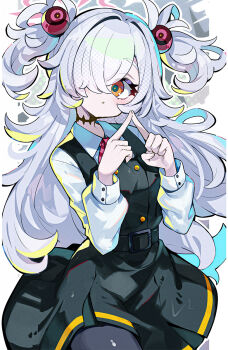 1girl black_dress black_pantyhose blue_archive blush collared_shirt commentary_request cowboy_shot dress hair_ornament hair_over_one_eye highres index_fingers_together kanoe_(blue_archive) long_hair long_sleeves omochishiki outline pantyhose parted_lips pinafore_dress shirt sleeveless sleeveless_dress solo two_side_up white_hair white_outline white_shirt yellow_eyes
