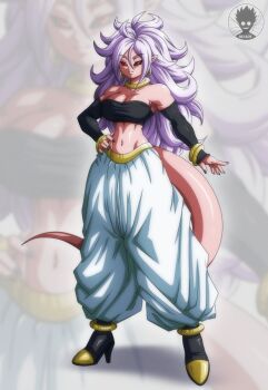 Rule 34 | 1girl, android 21, bandeau, bare shoulders, black sclera, bracelet, breasts, cleavage, colored sclera, colored skin, detached sleeves, dragon ball, dragon ball fighterz, earrings, female focus, full body, hand on own hip, harem pants, high heels, highres, hoop earrings, jewelry, large breasts, long hair, looking at viewer, majin android 21, nail polish, navel, pants, pink skin, pointy ears, red eyes, solo, suture art, tail, white hair