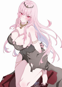 1girl absurdres alternate_costume bare_shoulders black_dress black_nails black_tiara breasts cleavage dress highres hololive hololive_english kamiya_maneki large_breasts long_hair looking_at_viewer mori_calliope mori_calliope_(1st_costume) pink_eyes pink_hair red_eyes simple_background skull_choker solo tiara torn_clothes torn_dress virtual_youtuber white_background