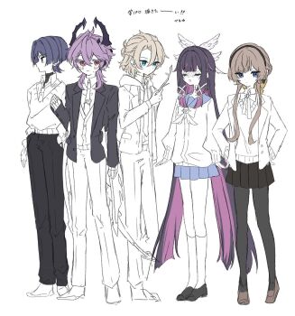 2girls 3boys albedo_(genshin_impact) alternate_costume aqua_eyes arm_at_side arms_at_sides black_hair black_hairband black_horns black_jacket black_pantyhose black_shirt black_shoes black_skirt blazer blonde_hair blue_eyes blue_sailor_collar blue_skirt blunt_bangs blunt_ends blunt_tresses bow bowtie braid brown_hair brown_shoes cardigan casual closed_eyes closed_mouth colored_eyelashes colored_inner_hair columbina_(genshin_impact) commentary_request contemporary crossed_bangs dragon_horns dragon_tail drawstring durin_(genshin_impact) earrings eye_mask eyelashes facing_another feathered_wings feathers formal_clothes frown full_body genshin_impact hair_between_eyes hair_ribbon hairband half_up_braid hand_in_pocket hand_up hands_on_own_hips head_wings heart_pin highres holding holding_plant hood hood_down hoodie horns jacket jewelry kneehighs layered_sleeves light_blush long_hair long_sleeves looking_at_object looking_at_viewer looking_to_the_side mask multicolored_hair multiple_boys multiple_girls multiple_wings necktie open_clothes open_collar open_jacket open_mouth pants pantyhose partially_colored pink_hair plant pleated_skirt pom_pom_(clothes) purple_hair ribbon ruta_hp04 sailor_collar sandrone_(genshin_impact) scaramouche_(genshin_impact) school_uniform shirt shoes skirt smile socks standing straight_hair suit_jacket sweater swept_bangs tail translation_request tress_ribbon triangle_earrings turtleneck turtleneck_shirt twig undershirt very_long_hair wavy_hair white_background white_mask white_ribbon white_socks white_wings wing_collar wings