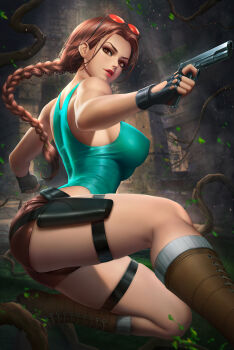 1girl blouse boots braid braided_ponytail breasts brown_boots brown_eyes brown_hair brown_shorts covered_erect_nipples day dual_wielding eyelashes eyewear_on_head female_focus french_braid glasses glasses_on_head green_shirt gun handgun holding lara_croft large_breasts leotard leotard_under_clothes long_hair muscular muscular_female neoartcore no_bra pistol plant ponytail shirt shorts skindentation socks solo tagme taut_clothes taut_shirt tomb_raider weapon