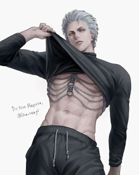 1boy abs bare_pectorals black_pants black_shirt closed_mouth clothes_lift commentary_request contrapposto devil_may_cry_(series) devil_may_cry_5 grey_background grey_hair groin highres ika_vergi long_sleeves looking_to_the_side male_focus navel nipples pants pectorals shirt shirt_lift short_hair sideways_glance simple_background solo sweatpants toned toned_male turtleneck twitter_username vergil_(devil_may_cry)