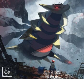 1boy artist_name back beret coat creature dragon flying gen_4_pokemon gible giratina glowing glowing_eye grand_scale hat highres legendary_pokemon looking_at_another looking_down lucas_(pokemon) maskoo185826 nintendo pokemon pokemon_(creature) pokemon_dppt pokemon_focus pokemon_platinum red_eyes ruins size_difference spikes watermark wings