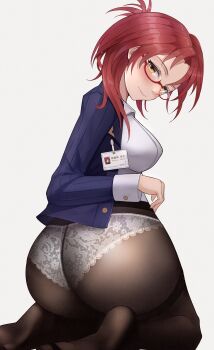 1girl ass black_pantyhose blue_coat breasts coat commentary_request fervheart from_behind glass highres honkai_(series) honkai_impact_3rd id_card large_breasts looking_at_viewer looking_back murata_himeko panties pantyhose red_hair seiza shirt short_hair simple_background sitting smile soles solo underwear white_background white_panties white_shirt yellow_eyes