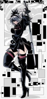 1girl 2b_(nier:automata) arms_behind_head arms_up black_boots black_dress black_gloves blindfold boots breasts cleavage cleavage_cutout clothing_cutout dress gloves grey_background hairband high_heels holding holding_sword holding_weapon katana kinakomochi_(user_vedc2333) large_breasts mole mole_under_mouth motion_lines nier:automata nier_(series) puffy_sleeves short_hair short_sleeves square_enix standing standing_on_one_leg sword tassel thick_thighs thigh_boots thighs weapon white_hair