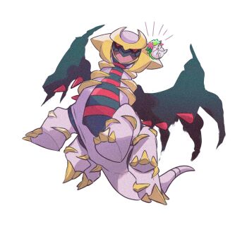 ;d anzu_(01010611) black_sclera claws colored_sclera gen_4_pokemon giratina giratina_(altered) green_eyes happy highres legendary_pokemon mythical_pokemon nintendo no_humans one_eye_closed open_mouth pokemon pokemon_(creature) pokemon_focus red_eyes shaymin shaymin_(land) simple_background smile tongue white_background