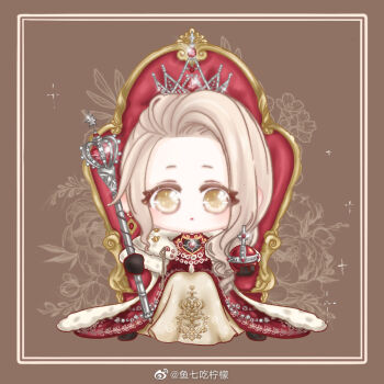 1girl asymmetrical_hair black_gloves blonde_hair brown_background chibi chinese_commentary closed_mouth commentary_request crown dress expressionless eyes_visible_through_hair floral_background flower forehead fur-trimmed_robe fur_trim gem glint gloves gown holding holding_scepter jewelry layered_dress light_blush light_frown long_dress long_hair looking_at_viewer necklace nikki_(series) on_throne path_to_the_crown_(shining_nikki) picture_frame pleated_dress red_dress red_gemstone red_robe robe rose scepter shining_nikki sitting sitting_on_throne solo sparkle straight-on tareme wavy_hair xiaoyu_qixing yellow_dress yellow_eyes