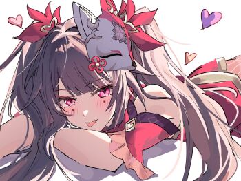 Rule 34 | 1girl, :p, black hair, butterfly-shaped pupils, den dendayo, detached sleeves, dress, facial mark, fox mask, hair ribbon, hashtag-only commentary, heart, highres, honkai: star rail, honkai (series), light blush, looking at viewer, lying, mask, pink eyes, red dress, ribbon, short hair, sparkle (honkai: star rail), symbol-shaped pupils, tongue, tongue out, twintails, very short hair