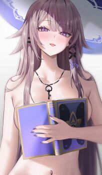 1girl :p blue_hair blush boobs_in_book_(meme) book book_on_breasts breasts brown_hair collarbone covering_breasts covering_privates duplicate fingernails hat herta_(honkai:_star_rail) highres holding holding_book honkai:_star_rail honkai_(series) jewelry key key_necklace long_hair looking_at_viewer medium_breasts meme nail_polish navel necklace nude open_book open_mouth purple_eyes purple_nails simple_background solo stomach the_herta_(honkai:_star_rail) tongue tongue_out upper_body vitaminechan white_background witch_hat