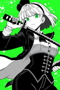 Rule 34 | 1girl, alternate costume, bollzzalguy, breasts, collared shirt, cowboy shot, cropped legs, earrings, gloves, green background, green eyes, greyscale with colored background, hairband, highres, holding, holding sheath, holding sword, holding weapon, jacket, jewelry, katana, konpaku youmu, long sleeves, looking at viewer, parted lips, sheath, shirt, short hair, solo, sword, touhou, upper body, weapon, white shirt