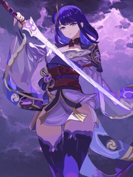 1girl arm_up armor asymmetrical_sleeves blunt_bangs braid breasts bridal_gauntlets cleavage closed_mouth cloud cloudy_sky commentary_request expressionless fan_hair_ornament flower flower_ornament genshin_impact glowing glowing_sword glowing_weapon gradient_hair hair_ornament head_tilt highres holding holding_sword holding_weapon japanese_clothes katana kimono large_breasts long_braid long_hair looking_at_viewer looking_to_the_side mitsudomoe_(shape) mole mole_under_eye multicolored_hair musou_isshin_(genshin_impact) neck_ribbon outdoors purple_background purple_eyes purple_flower purple_hair purple_kimono purple_sky purple_thighhighs raiden_shogun red_ribbon red_sash ribbon sash shade shoulder_armor single_braid sky solo standing storm sword thick_thighs thighhighs thighs tomoe_(symbol) uneven_sleeves upper_body wartell0623 weapon wide_sleeves