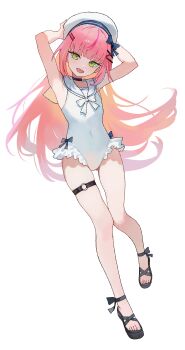 1girl adjusting_clothes adjusting_headwear aqua_streaks arms_up black_choker black_sandals blonde_streaks blue_ribbon choker collarbone commentary_request covered_navel flat_chest frilled_one-piece_swimsuit frills full_body green_eyes hair_ornament hair_ribbon hairclip hanako_nana hat highres korean_commentary legs long_hair looking_at_viewer multicolored_hair nbee_ya o-ring o-ring_thigh_strap one-piece_swimsuit open_mouth parallel_hairclips pink_hair platform_sandals ribbon sailor_collar sandals stellive swimsuit thigh_strap thighs white_hat white_one-piece_swimsuit white_ribbon white_sailor_collar x_hair_ornament