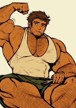 1boy absurdres bara biceps facial_hair feet_out_of_frame flexing goatee_stubble green_shorts hairy highres holding holding_wrench huge_pectorals light_smile male_focus mature_male medium_sideburns motion_lines muscular muscular_male nat20_(greentail) nifast_(greentail) nipple_slip nipples original pectoral_cleavage pectorals shorts sidepec smoking solo stubble tan thick_arm_hair thick_chest_hair thick_eyebrows thick_leg_hair very_hairy wrench