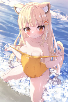 1girl absurdres animal_ears blonde_hair blunt_bangs breasts brown_eyes cat_ears cat_tail clothes_pull feet_out_of_frame highres long_hair masaki_(msk064) ocean one-piece_swimsuit one-piece_swimsuit_pull original school_swimsuit small_breasts solo swimsuit tail water waves yellow_one-piece_swimsuit