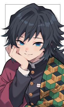 Rule 34 | 1boy, absurdres, black hair, black jacket, blue eyes, buttons, closed mouth, commentary request, demon slayer uniform, gold buttons, haori, head rest, high collar, highres, jacket, japanese clothes, kikkoumon, kimetsu no yaiba, kqi621, long hair, looking at viewer, low ponytail, male focus, ponytail, print haori, red haori, smile, solo, spiked hair, tomioka giyuu, upper body, white background