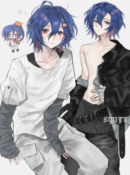 Rule 34 | 1boy, blue hair, blush, chibi, chibi inset, colored inner hair, commentary request, conch (gundam), gundam, gundam gquuuuuux, hair ornament, hairclip, highres, jacket, long sleeves, looking at viewer, lower eyelashes only, male focus, multicolored hair, multiple views, nnnyanrrr, non-humanoid robot, pants, purple hair, red eyes, robot, shirt, short hair, shuji ito, simple background, solo focus, two-tone hair, white background, white shirt