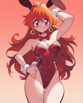 1girl bare_shoulders bow bowtie curvy facing_viewer flipherrrr hair_ornament highleg highleg_leotard highres leotard lina_inverse long_hair looking_at_viewer orange_hair playboy_bunny rabbit_hair_ornament red_leotard simple_background slayers solo strapless strapless_leotard thong_leotard very_long_hair wide_hips wrist_cuffs