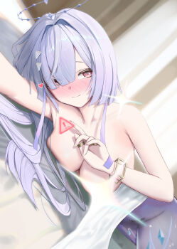 1girl absurdres barcode blush breasts closed_mouth collarbone commentary hair_intakes hair_ornament halo hand_up highres light_censor looking_at_viewer lying medium_breasts mornye_(wuthering_waves) nude on_side red_eyes smile solo wasami wuthering_waves