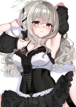 1girl absurdres armpits bare_shoulders black_skirt blue_archive blush breasts cleavage detached_sleeves dress frills grey_hair highres large_breasts long_hair looking_at_viewer lying miyo_(blue_archive) sen_chan_(akane1023) skirt solo sweat yellow_eyes