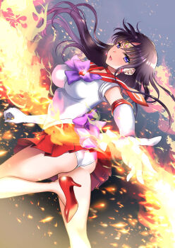1girl abe_hikaru absurdres ass back_bow bare_legs bishoujo_senshi_sailor_moon black_background black_hair bow brooch circlet cowboy_shot earrings elbow_gloves female_focus fire gloves gradient_background grey_background high_heels highres hikaru_(gevp7588) hino_rei jewelry leotard long_hair looking_at_viewer magical_girl open_mouth pleated_skirt purple_bow purple_eyes pyrokinesis red_footwear red_sailor_collar red_skirt sailor_collar sailor_mars sailor_senshi_uniform serious skirt skirt_flip solo standing standing_on_one_leg star_(symbol) star_earrings white_gloves
