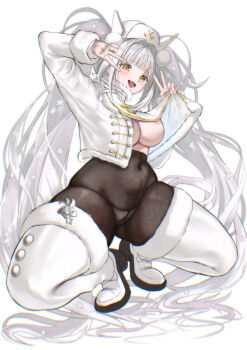 1girl :d absurdly_long_hair absurdres areola_slip arm_up black_pantyhose blanc_(fortune_express)_(nikke) blanc_(nikke) blunt_bangs blush boots breasts chromatic_aberration clothes_lift commentary covered_navel crotch_seam double_v fang fingernails full_body fur-trimmed_boots fur-trimmed_jacket fur-trimmed_sleeves fur_trim goddess_of_victory:_nikke hair_ornament hand_up hat high-waist_pantyhose highres jacket jacket_lift large_breasts larizu lifting_own_clothes long_fingernails long_hair long_sleeves looking_at_viewer nail_art nail_polish no_bra no_pants official_alternate_costume official_alternate_hairstyle open_clothes open_jacket open_mouth panties panties_under_pantyhose pantyhose pom_pom_(clothes) pom_pom_hair_ornament simple_background skin_fang smile solo spread_legs squatting star_(symbol) star_hair_ornament thick_thighs thigh_boots thighs tiptoes twintails underwear v v_over_eye very_long_hair white_background white_boots white_hair white_hat white_jacket white_panties yellow_eyes