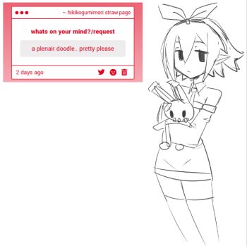 1girl bare_shoulders closed_mouth detached_collar disgaea expressionless hair_ribbon hatsuno holding holding_stuffed_toy looking_at_viewer mob_face necktie pleinair pointy_ears ribbon shirt sketch solo strawpage stuffed_animal stuffed_rabbit stuffed_toy thighhighs