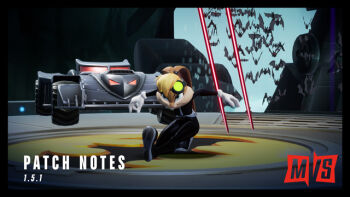 1girl 3d animal_ears bat_(animal) batcave batmobile black_pants blonde_hair blue_hair fanny_pack gloves goggles goggles_on_head lola_bunny long_hair long_sleeves multiversus official_art pants promotional_art rabbit_ears rabbit_girl white_gloves